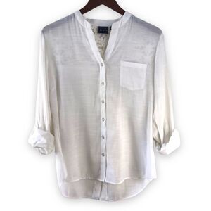 Tribal Womens 8 Daisy Embroidered Roll Tab Sleeve Button Up White Coastal Beachy